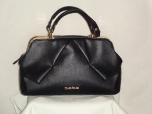 BeBe WOMEN HANDBAG PURSE BLACK LEATHER WITH ZIPPER GOLD DETAILING - Picture 1 of 7