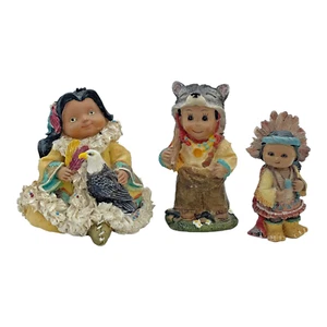 Vintage Native American Children Resin Figurines Decor Wolf's Headdress Lot of 3 - Picture 1 of 11