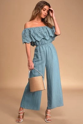 Lulus Catch a Breeze Blue Eyelet Lace Off-the-Shoulder Jumpsuit Size XS Wideleg - Image 1 of 4
