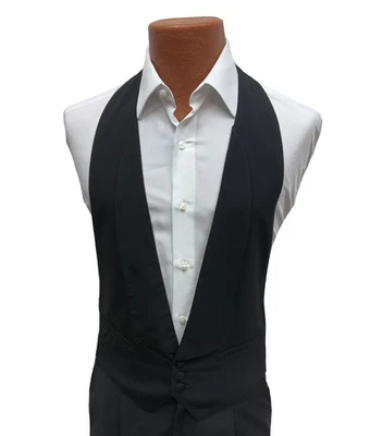 Men's Black Wool Tuxedo Vest Low Cut 3-Button Made in USA Open Back Size S/M - Image 1 of 3