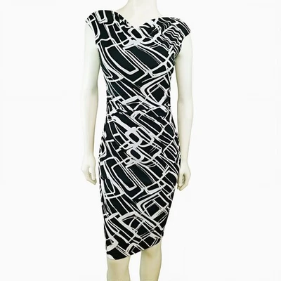 Vestido midi abstracto blanco negro David Meister para mujer talla 8 hecho en EE. UU. Foto 1 de 4