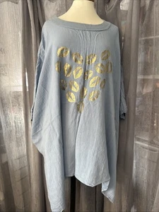 MADE IN ITALY Blue Gold Foil Lips Heart Batwing CottonTunic Top Lagenlook 22-28 - Picture 1 of 8