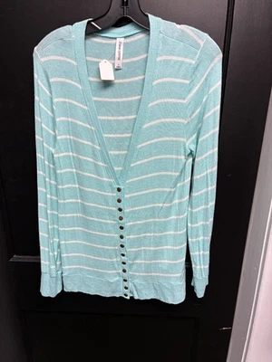 Suéter Cárdigan Zenana Outfitters Damas Verde Azulado Blanco Rayas Cuello en V - Talla L Foto 1 de 4