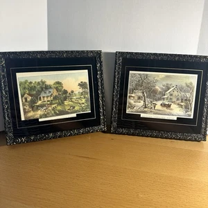 Vintage Pair of Truart Black & Gold Plastic Framed Currier & Ives Prints - Picture 1 of 10