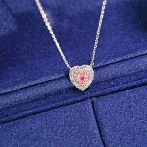 18K White Gold Lab Grown Pink 0.28ct Round & Heart Diamond Pendant Necklace - Picture 1 of 9