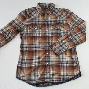 Kirra Pearl Snap Flannel Shirt Mens Small Brown Plaid Long Sleeve Flap Pockets - Picture 1 of 8