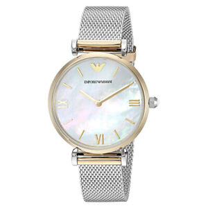 emporio armani ar2068 gianni t-bar mother of pearl two tone mesh ladies watch