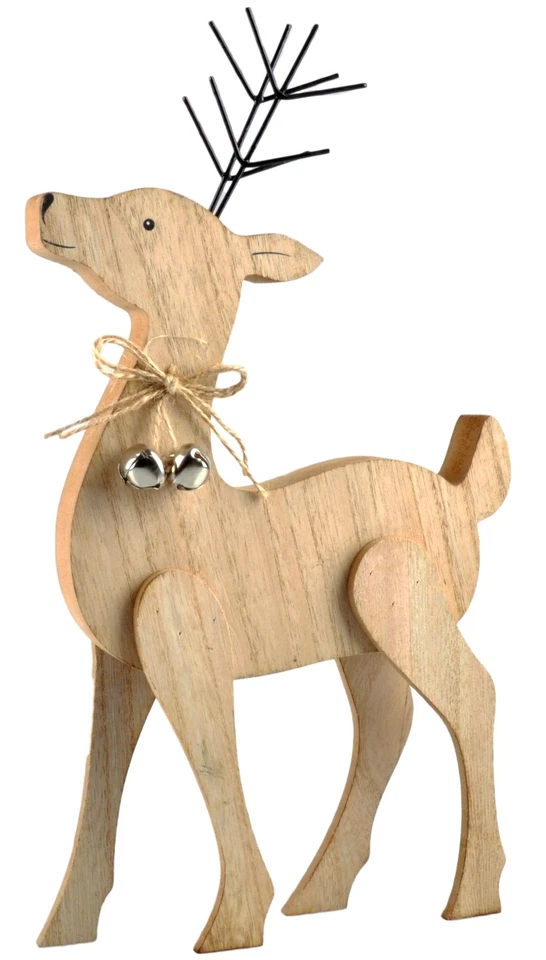 Dekorentier Holz 37cm Glöckchen Rentier Hirsch Dekofigur Weihnachtsdekoration - Bild 1 von 1