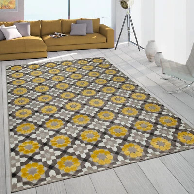 Tapis Intérieur Extérieur Balcon Terrasse Motif Rétro Tissage 3D Jaune Beige - Photo 1/4