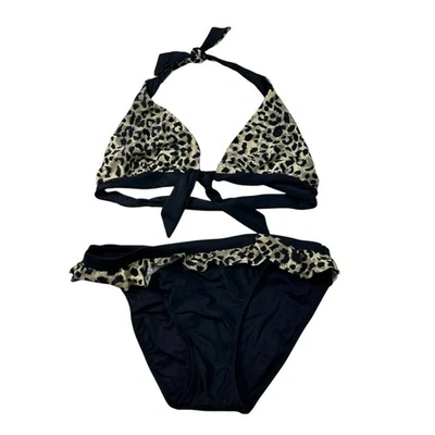 Traje de baño bikini de dos piezas con volantes estampado animal leopardo negro Jessica Simpson L Foto 1 de 4