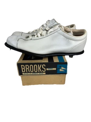 Vintage Baseball Shoes Brooks Size 9 NOS 60s White 176W Leather Metal Cleats - Image 1 of 4