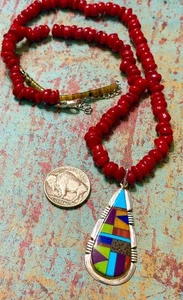 BIG Navajo MM Sterling Silver Turquoise Gaspeite Teardrop Pendant Coral Necklace - Picture 1 of 3