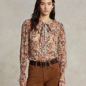 Ralph Lauren Brown Floral Georgette Neck Tie Long Sleeve Blouse Women's 0 NWT - Picture 1 of 11