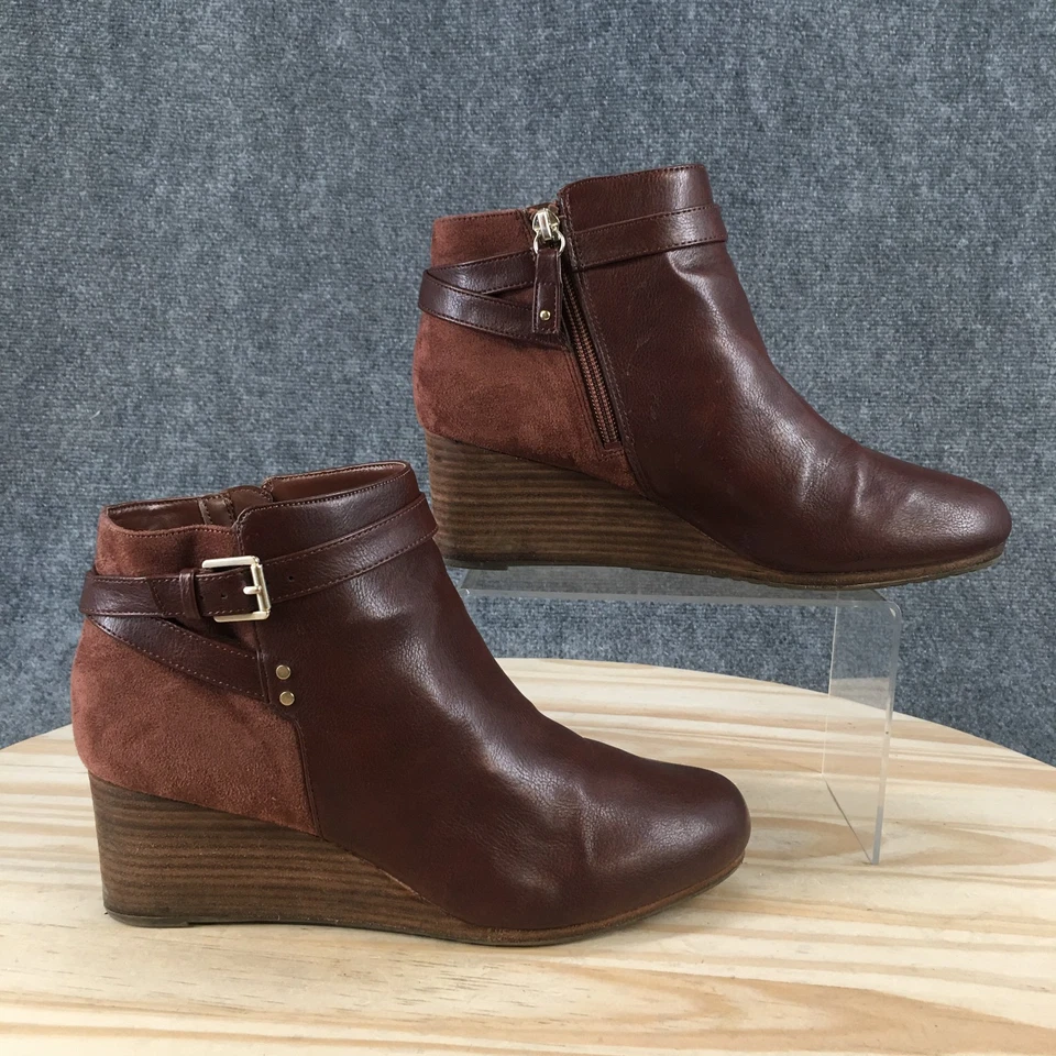 Dr. Scholls Boots Womens 9 Wide Double Bootie Brown Faux Leather Ankle Top Wedge - Image 1 of 4