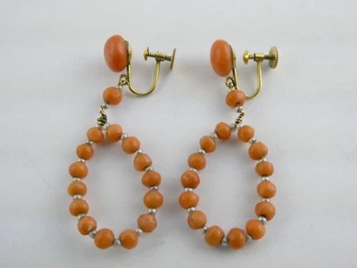 Pendientes vintage de oro amarillo de 14k y piel de ángel de coral atornillado 4,4 g 1,75 pulgadas Foto 1 de 4