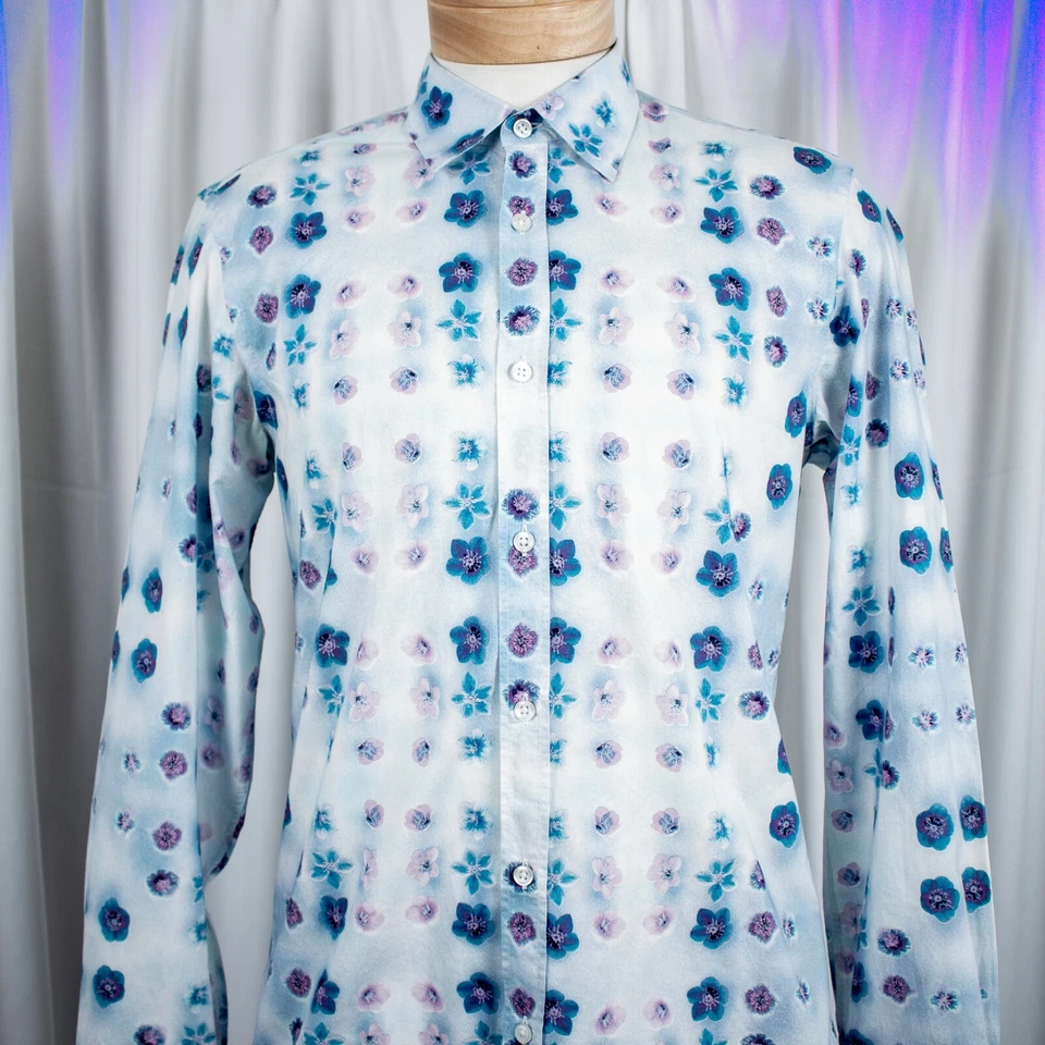 HUGO BOSS Blue Purple LavenderTurquoise Floral Cotton Men Shirt Size M - Image 1 of 4