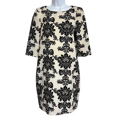 Vestido Everly Damasco Mini Cambio Negro Blanco Manga 3/4 Hecho en EE. UU. Talla M Foto 1 de 4