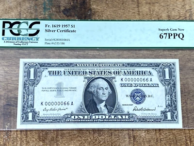 $1 1957 Silver Certificate 1619 PCGS 67PPQ SUPERB - LOW 2 DIGIT SERIAL 66 - Image 1 of 2