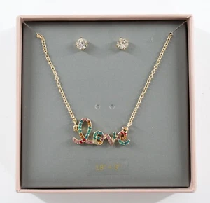 Collar de oro con colorido estrás ""Amor"" colgante y pendientes nuevo en caja - Imagen 1 de 2
