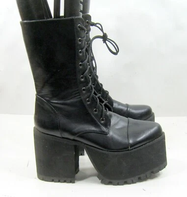 YRU Negro 4" Bloque Tacón 2.5" Plataforma Redondo Cordones Botines MUJERES Talla 6 Foto 1 de 4