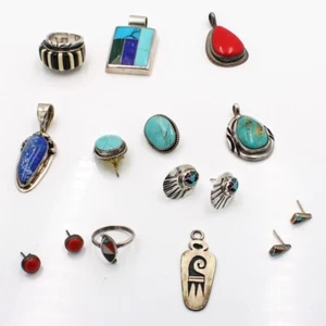 Vintage Navajo Sterling Onyx Stone Coral & Turquoise Jewelry Lot of 10 #S497-5 - Bild 1 von 18