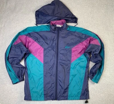 ASICS Windbreaker Jacket Large Color Block Purple Black Retro 80s 90s Vintage - Image 1 of 4