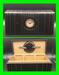Unique Antique Leather Wrapped Cigarette / Cigar Box With WORKING Westclox Clock - Picture 1 of 12