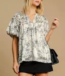 Umgee Blouse Floral Print Metallic Ruffle Black Short Sleeve Top - Picture 1 of 5