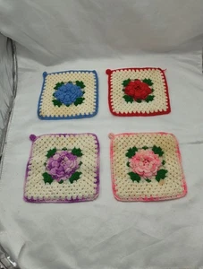 Bache de ganchillo hecho a mano de colección (4) almohadilla caliente años 50 repollo rosas rosa y verde - Imagen 1 de 14