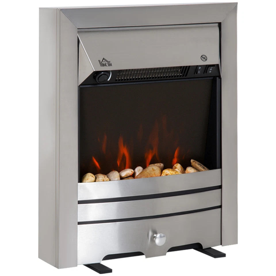 HOMCOM Electric Fireplace Stainless Steel 2KW Heater LED Fire Flame Silver - Image 1 of 4