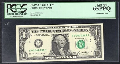 FR. 1933-F 2006 $1 FW FRN ATLANTA, GA “LOW SERIAL #9296” PCGS GEM UNC-65PPQ - Image 1 of 2