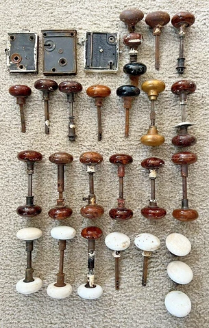 Lot of Antique Reclaimed Door Knobs, Spindles, & Rim Locks Cover