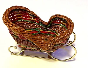 Wicker Sleigh Basket Christmas Holiday Decor 6 Inches Red Green Brown Gold - Picture 1 of 6