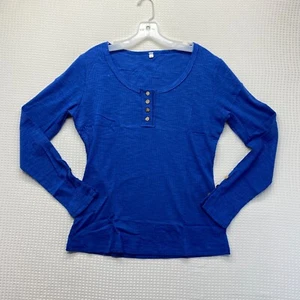 Women Thermal Henley Shirt SZ L Blue Snap-Up Long Sleeve - Picture 1 of 8
