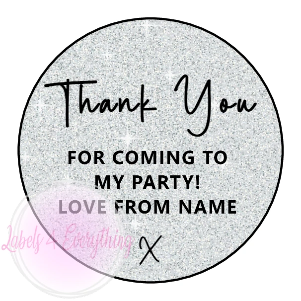 LABELS4EVERYTHING Personalised Thank You For Coming To My Party Stickers Silver Glitter Effect