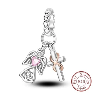 MULA 925 Sterling Silver Charm Pink AAA CZ Angel Cross Dangle For Women Bracelet - Picture 1 of 7
