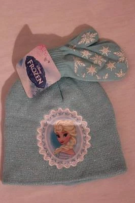NEW Toddler Girls Beanie Hat Mittens Set Blue Disney Frozen Princess Elsa Knit - Image 1 of 3