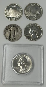 Lotto di 5 quarti d'argento - 1964 e 1957 Proof Washington, 1928-D Stading Liberty, - Foto 1 di 12