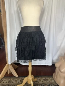 Robert Rodriguez Ruffled Layered Lace Skirt Size 8 Black Leather Waist - Picture 1 of 5
