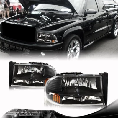 For 1997-2004 Dodge Dakota/Durango 1-Piece Black Housing Headlight+Bumper Lamps - Image 1 of 3