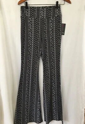 New No Boundaries Black Floral Stripe Knit Flare Pants Juniors Women Many Sizes - Image 1 of 4