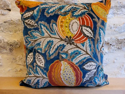 William Morris Sanderson Cantaloupe Indigo Velvet Fabric & Teal Cushion Cover - Image 1 of 4