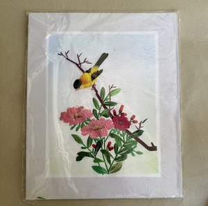 Arte de pared floral original de pájaro tallo de trigo pintado cortado a mano asiático 9X11 seda - Imagen 1 de 8