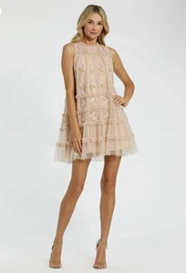 Mac Duggal 8172 Sz 10 Beige Floral Embroidered Beaded Ruffle Mini Dress $458 - Picture 1 of 12