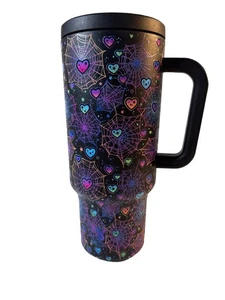 Meoky 40 Oz Tumbler with Handle Spider Web - Black Purple Pink Halloween - Picture 1 of 11