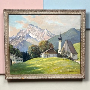 A. Baumgartner Original Oil Painting Bavarian Alps Church Scene Vintage Framed - Picture 1 of 10