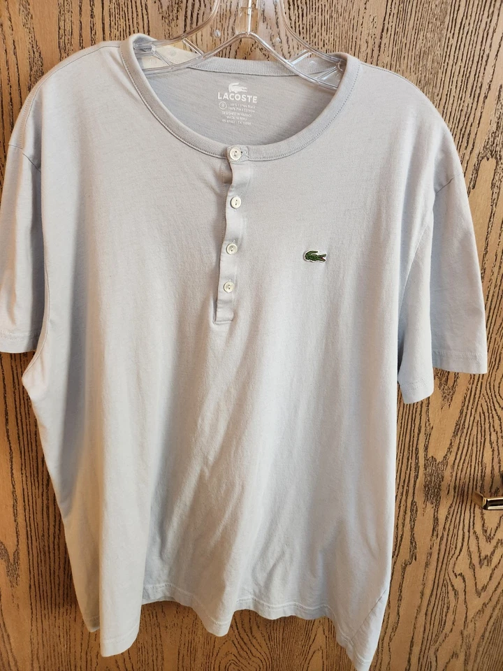 Lacoste Sz 8 White Pima Cotton Alligator Embroidered Henley Short Sleeve - Image 1 of 4