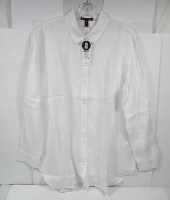 -NUEVO CON ETIQUETAS Eileen Fisher Pañuelo Orgánico Lino Abotonado Blanco Camisa Larga Talla M Foto 1 de 4