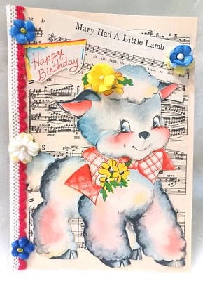 Adorable tarjeta de cumpleaños adornada vintage artesanal ¡ÚNICA EN SU CLASE! Cordero de María 5x7  Foto 1 de 4