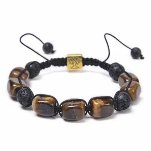 Bracciale Unisex Marrone Occhio di Tigre e Roccia Lavica Perline Corda Intrecciata Regolabile NUOVO - Foto 1 di 5